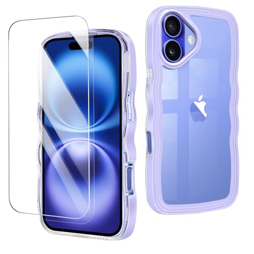 i Phone 16 Plus 用 ケース クリア ワイヤレス充電 ガラスフィルム付属 透明 スマホケース 可愛い i Phone16 Plus 用 カバー 耐衝撃 滑り止め ストラップホール付き 紫
