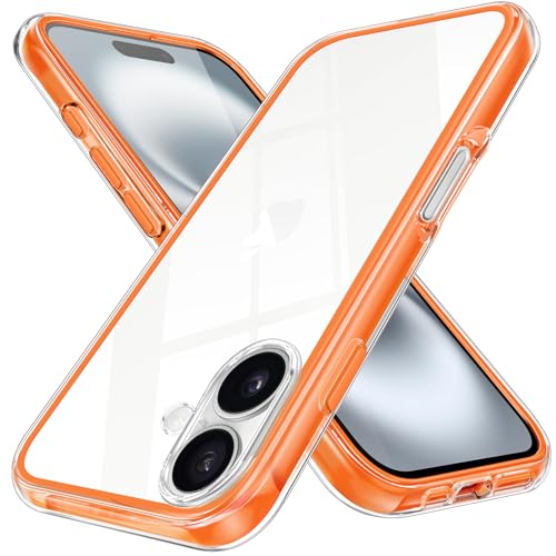 i Phone 16 用 ケース クリア 耐衝撃 アイフォン16 スマホケース ワイヤレス充電 透明 レンズ保護 黄ばみなし カバー 薄型 ソフト tpu 背面クリア スレ傷防止 橙色 6.1インチ