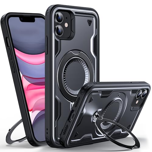 i Phone 11 ケース [Magsafe 対応] 定点360° 回転 落下衝撃吸収 フルプロテクト 内蔵インビジブルスタンド付き 保護ケース ブラック【強化された画面とカメラの保護】 このケース