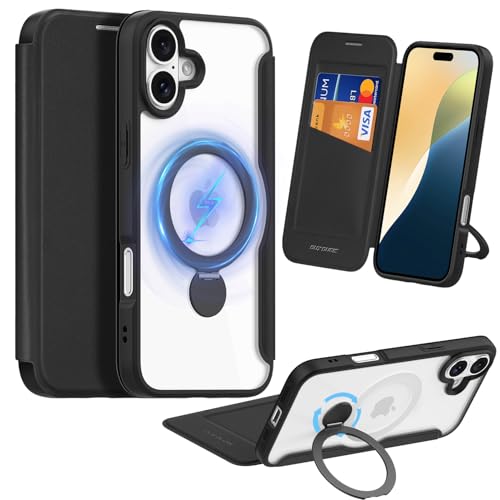 i Phone 16 ケース 手帳型 カード収納 Mag Safe対応 リング付き 360°回転スタンド 縦横両対応 i Phone16 スマホケース レザー素材 軽い 薄型 耐衝撃 全面保護 16 