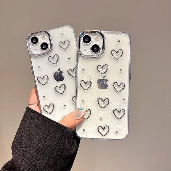i Phone13 i Phone14 ケース 韓国 ハート 立体 クリア パール シルバー 可愛い キラキラ ラメ入り 人気 透明 シンプル 滑り止め 耐衝撃 ストラップホール付き アイフォン 13