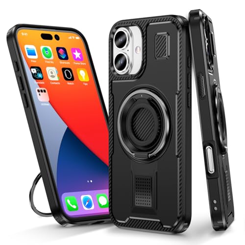 i Phone 16 リング ケース付き 360°回転スタンド 縦横両対応 耐衝撃 指紋防止 アイフォン16 カバー 多機能スタンド付き PC + TPU 二重保護 カメラの保護 黄変防止 落下防止 