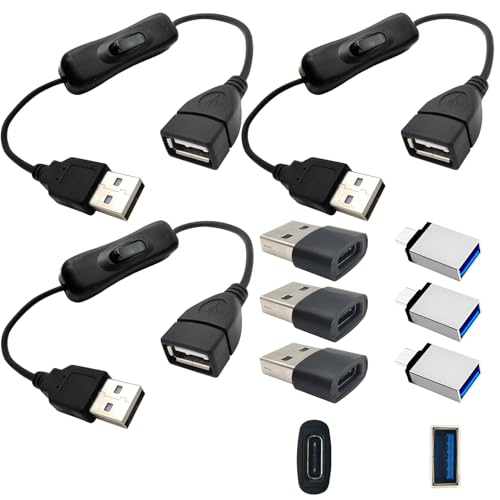 USB スイッチ延長ケーブル 0.3m オン / オフ ボタン付き デュアル エンド USB C およびアダプター セット (3 パック) 電源スイッチ データ コード (LED / PC / 電話 