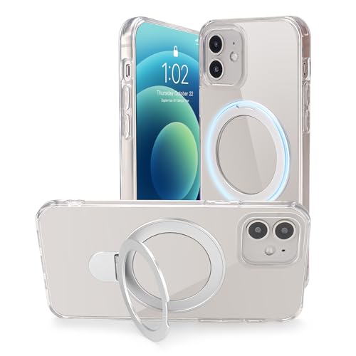 i Phone 13 / 14 ケース Mag Safeリング スタンド一体 Mag Safeリング スタンド一体丸型スタンド付きマグネット搭載 縦横両 耐衝撃 透明 指紋防止 黄変防止 カメラレンズ