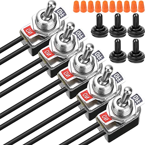 ロッカースイッチ トグルスイッチ 2ピン2ポジションSPST ラッチング 6A 125VAC /10A 12VDCオン/オフ 非常灯 車の電子アプリケーション用 13cmケーブル付き 防水金属ノブカバ