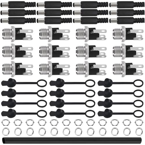 DC電源 プラグ DCソケット キット 5.5MM×2.1MM オス DC 電源プラグ はんだ パワーコネクタ（12個）+ 5.5MM×2.1MMメスDCパネルソケット（12個）+ラバー保護キャップ（