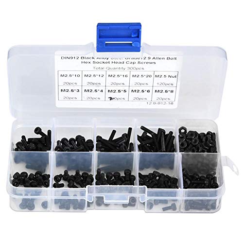 六角 ソケット ネジキット 300個 M2.5 x 3-20mm 六角ボルト キャップ 六角穴付ボルトナットキット 12.9グレード ブラック合金鋼 ナット 付き 六角ソケットヘッド キャップ ネジボ