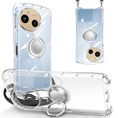AQUOS sense9 SH-53E ケース ショルダー ストラップ付 リング クリア アクオス センス9 SHG14 カバー 透明 縄掛け 肩掛け 斜めかけ TPU 耐衝撃 スタンド機能 横置き 
