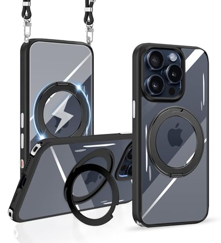 i Phone 15 Pro ケース ショルダー クリア リング付き 透明 Mag Safe対応 マグセーフ ワイヤレス充電 スタンド機能 マグネット搭載 スマホケース アイフォン 15プロ ケース 