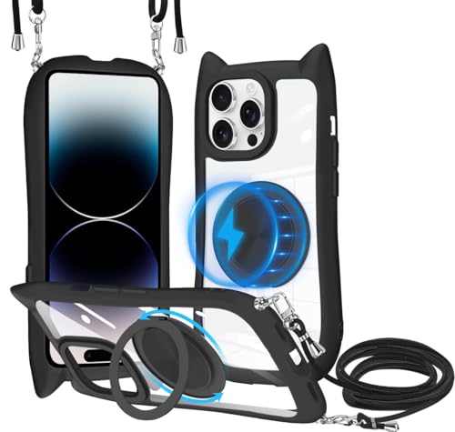 i Phone 14 Pro Max ケース クリア Mag Safe対応 360度回転スタンド リング付き PC背面 + TPUバンパー ワイヤレス充電 ネック ショルダー カバー 肩掛け 首掛け 