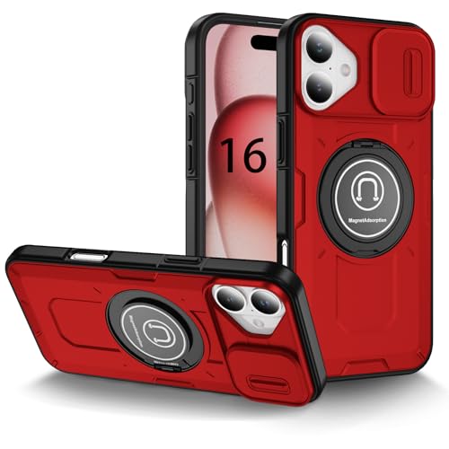 i Phone16 リング ケース付き スタンド機能 耐衝撃 スライドカメラカバー レンズ保護 滑り止め 落下防止 車載ホルダー対応 i Phone16 いpほね16 リング付きケース レッド 赤&a