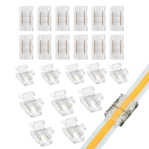 2ピンLEDライトストリップコネクタ 20個パック-10mm ハンダ不要のクイックアダプター (単色5V/12V/24V LEDストリップ用) -耐久性のあるPVC＆銅 安定した接続のための透明な端子