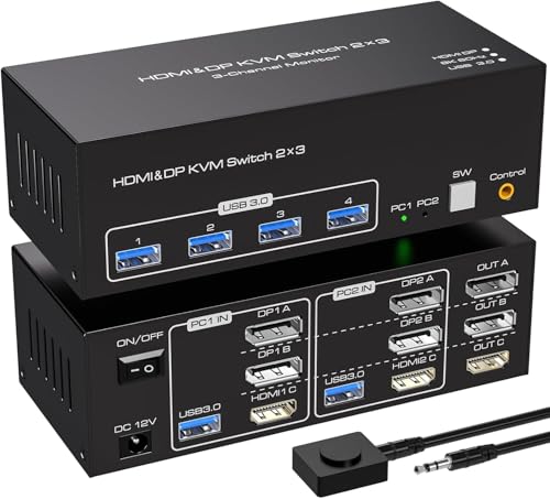 HDMI + 2 Display Port KVM 切替器 3ディスプレイ スイッチ 同時出力 2PC 共有 4つのUSB3.0 ハブ 切替 4K 144Hz HDMI+DP KVM Swticher