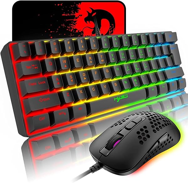 ゲーミングキーボード マウス 有線 61キー 小型 60%レイアウト 11LEDバックライト 2400DPI マウスパッド付き オフィス / ゲーミング用 英語配列 pc / ps4 / switch