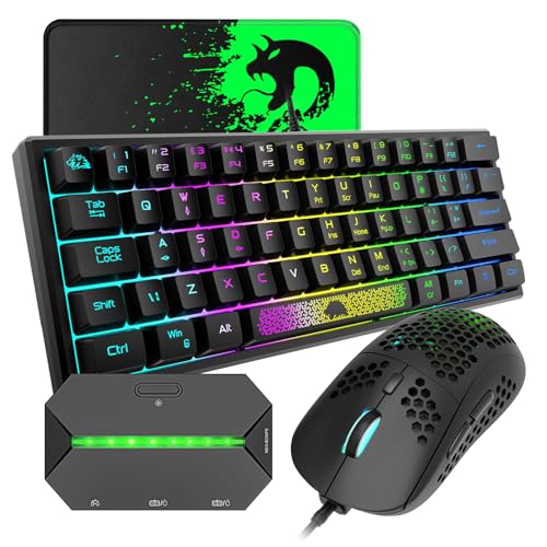 ゲーミングキーボード マウス コンバーター セット テンキーレス 62キー 60% 静音 コンパクト 有線 USB接続 ゲーム機専用コンバーター付き RGBバックライト 19キー防衝突 Windows