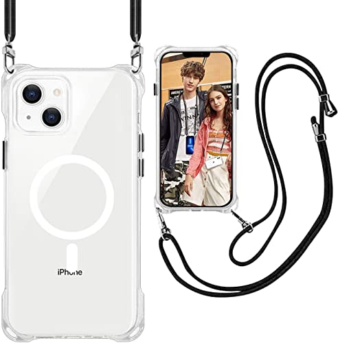 i Phone 15 Pro 6.1ケース クリア ストラップ ショルダー Mag Safe対応 縦 / 横 2WAY肩掛け 斜めかけケース 透明PC+ TPU 2重構造軽量 紐付き 斜めがけ ネック