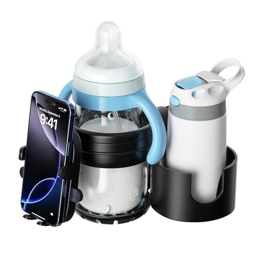 ベビーカー 多機能 ドリンクホルダー スマホ 携帯 スタンド 2個収納 ボトルホルダー 3in1 ベビーカーアクセサリー 便利グッズ 取付簡単 360度回転 調整可能 ブラック※ご注意：ピジョンのラン