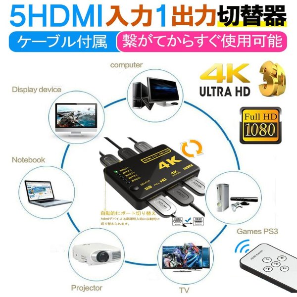 HDMI切替器 分配器 5入力1出力 HDMI セレクター 1080p対応 3D映像 フルHD対応 リモコン付き HDTV Blu-Ray Xbox PS3 PS4 AppleTVなど 送料