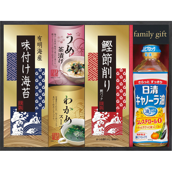 お祝い ギフト セット キャノーラ油 揚げ物 サクサク 有明海産味付け海苔 鰹節 うめ茶漬け わかめスープ 和食 おかず 健康 食卓セット ギフト 日常使い おいしい 便利 食材セット 日清オイリオ 
