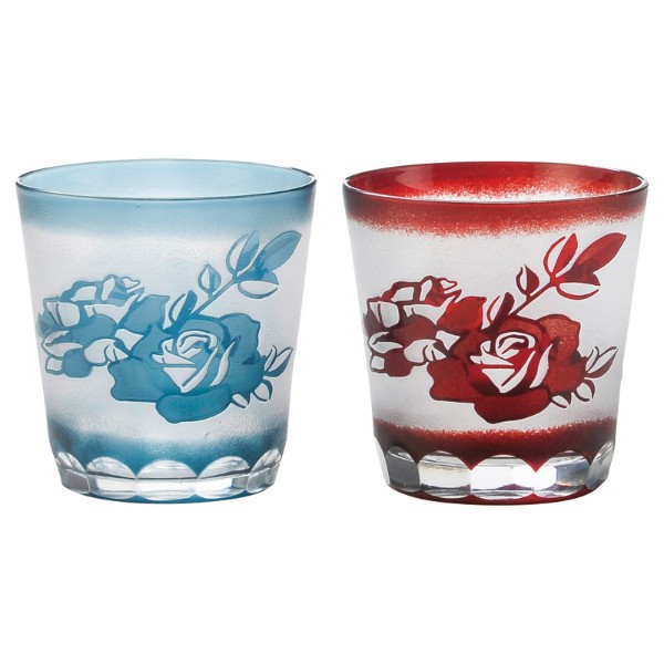 切子屋 ペアオールド 酒器 カップ ぐいのみ タンブラー ジョッキ ビール ハイボール 日本酒 ウイスキー ロック ワイン バラの柄が印象的な青と赤の切子です。オールドグラス（約220ml）（約φ78
