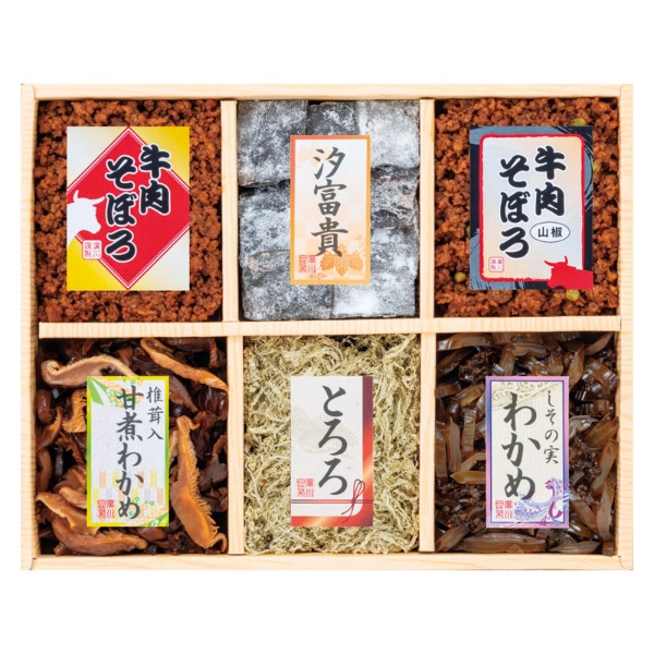 廣川昆布 万味豊秀 6品佃煮詰合せ 佃煮 汐富貴 しその実わかめ とろろ昆布 椎茸入甘煮わかめ 国産牛肉そぼろ 詰め合せ そうざい おうちごはん 時短 お取り寄せ ギフト こだわり ギフトセット 高級
