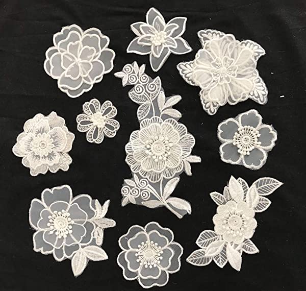 レース生地 刺繍花 縫製 DIY 服 工芸品の装飾 パッチ アップリケ モチーフ 10枚セット アイロン両面接着シート付No.16 (ホワイト10枚セット?@) デザインとサイズ。。使用方法。 使用方