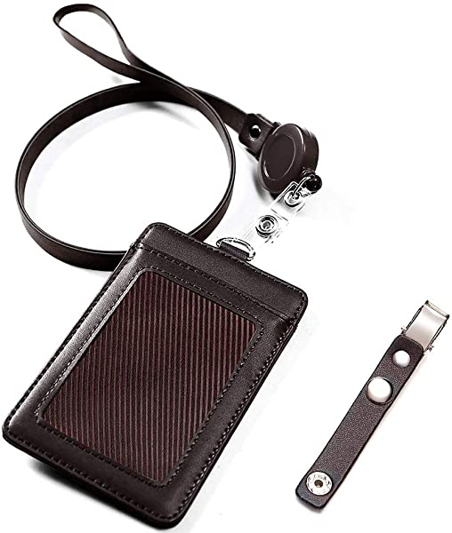 ネームホルダー id カードホルダー レザー パスケース 伸縮リール式 ネックストラップ バンドクリップ 付き 社員証 名札 定期入れ ケース 縦型 メンズ & レディース 機能性 プレゼント