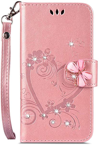 iphone SE (第2世代) iphone 7 iphone 8 ケース 手帳型 かわいい おしゃれ お花 ハート形 きらきら ラインストーン 蝶々 デザイン カード 収納 ストラップ 付き 耐衝