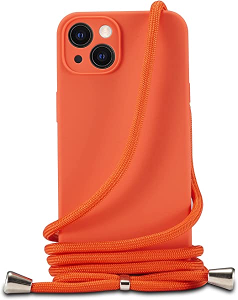 i Phone 13 ケース i Phone 13 カバー ネック ショルダー ストラップ付き スマホ シリコン カバー 紐付き 斜めがけ 織りス オレンジ