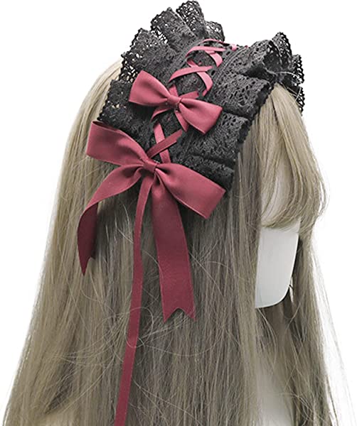 ヘッドドレス ロリータ 髪飾り ゴスロリ ヘアアクセサリー カチューシャ レース リボン 蝶結び かわいい キュート メイドカフェ lolita 多色選択 (黒+赤) ロリータ・ゴスロリのコスチューム