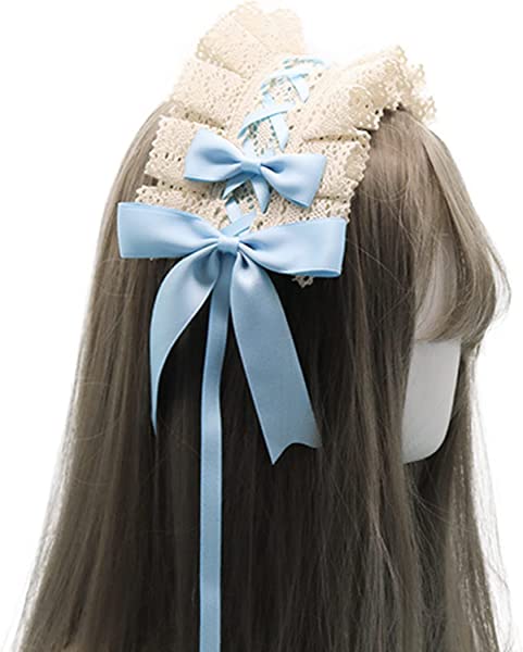 ヘッドドレス ロリータ 髪飾り ゴスロリ ヘアアクセサリー カチューシャ レース リボン 蝶結び かわいい キュート メイドカフェ lolita 多色選択 (ベージュ+水色) ロリータ・ゴスロリのコス