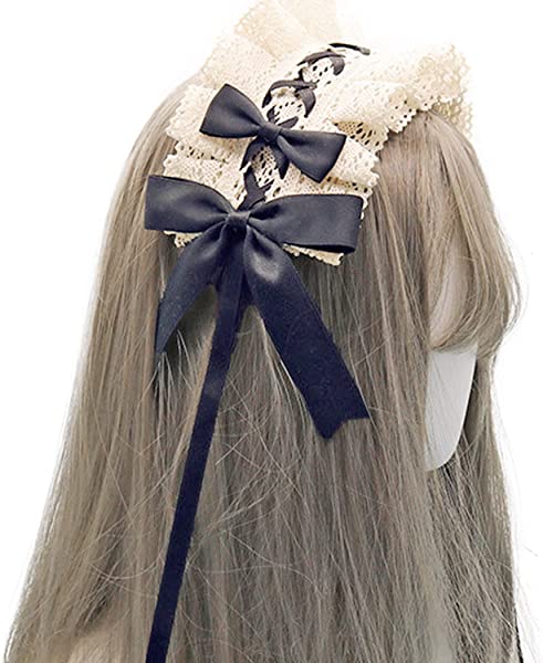 ヘッドドレス ロリータ 髪飾り ゴスロリ ヘアアクセサリー カチューシャ レース リボン 蝶結び かわいい キュート メイドカフェ lolita 多色選択 (ベージュ+黒) ロリータ・ゴスロリのコスチ