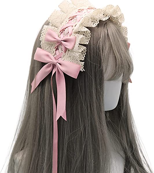 ヘッドドレス ロリータ 髪飾り ゴスロリ ヘアアクセサリー カチューシャ レース リボン 蝶結び かわいい キュート メイドカフェ lolita 多色選択 (ベージュ+ピンク) ロリータ・ゴスロリのコ