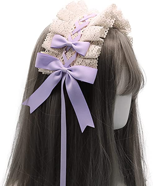ヘッドドレス ロリータ 髪飾り ゴスロリ ヘアアクセサリー カチューシャ レース リボン 蝶結び かわいい キュート メイドカフェ lolita 多色選択 (ベージュ+紫) ロリータ・ゴスロリのコスチ