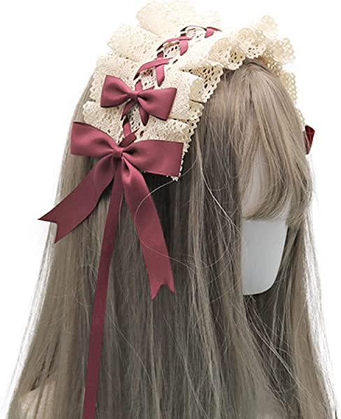 ヘッドドレス ロリータ 髪飾り ゴスロリ ヘアアクセサリー カチューシャ レース リボン 蝶結び かわいい キュート メイドカフェ lolita 多色選択 (ベージュ+赤) ロリータ・ゴスロリのコスチ