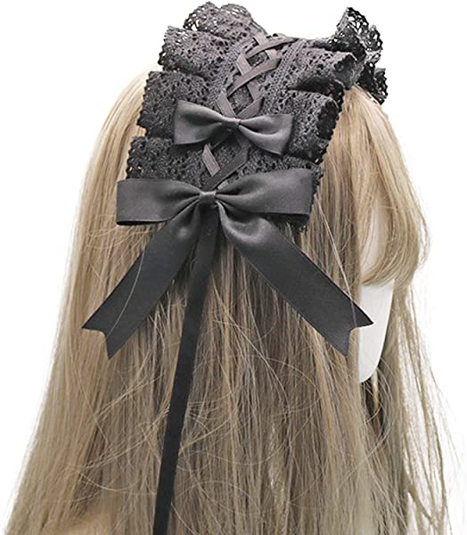ヘッドドレス ロリータ 髪飾り ゴスロリ ヘアアクセサリー カチューシャ レース リボン 蝶結び かわいい キュート メイドカフェ lolita 多色選択 (黒+黒) ロリータ・ゴスロリのコスチューム