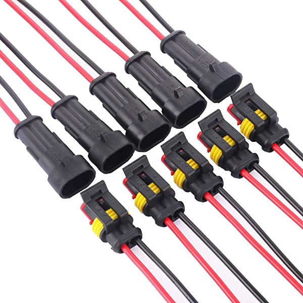 5 キット 2ピン防水コネクター2 ピンウェイ 車 防水 電気 コネクタ プラグ ワイヤー 17AWG マリーン 防水カプラー 2ピン 2極 メスプラグ：20 40mm 雄プラグ：15 30mm ワイ