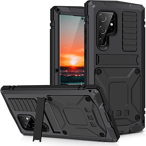 Galaxy S22 Ultra ケース 耐衝撃 防水 防塵 三防Galaxy S22 6.8インチアルミケース スタンド機能 アルミバンパー ケース 強化ガラス内蔵 最強級金属合金 360 強力保護