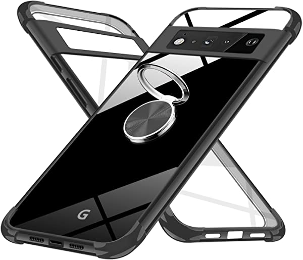 Google Pixel 6 Proケース クリア リング (四隅がエアクッション構造 カバー ケース) グーグル ピクセル6 Pro スマホケース TPU メッキ加工 リング付き 透明 軽量 薄型 