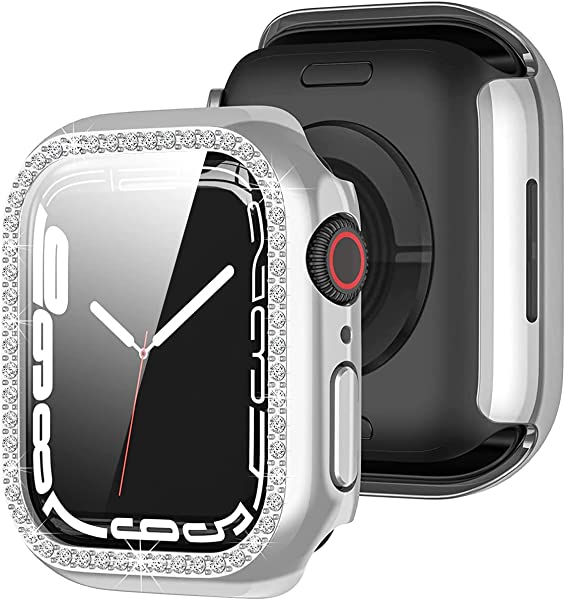 Apple Watch 41mm ケース メッキ加工バンパー PCケース 一体型 強化ガラス画面カバー クリスタルダイヤ付き アップルウォッチカバー 女性
