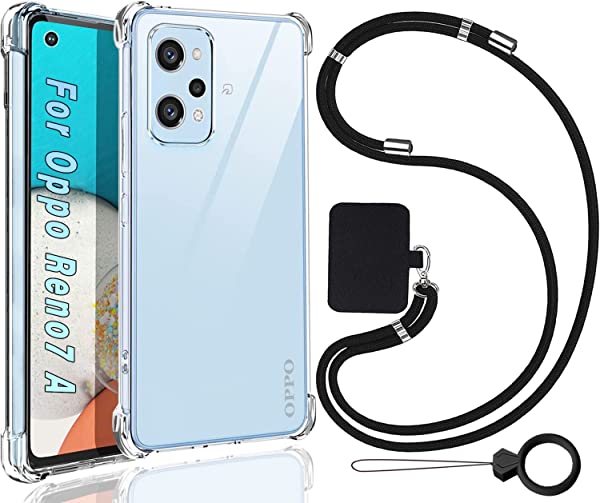 OPPO Reno7 Aケース OPG04カバー携帯ケース ショルダー 【ストラップ2枚付き】 肩がけ 首掛け 紐付き ストラップホール付き 薄型 軽量 衝撃吸収 シリコン TPU + 黄変防止 透明