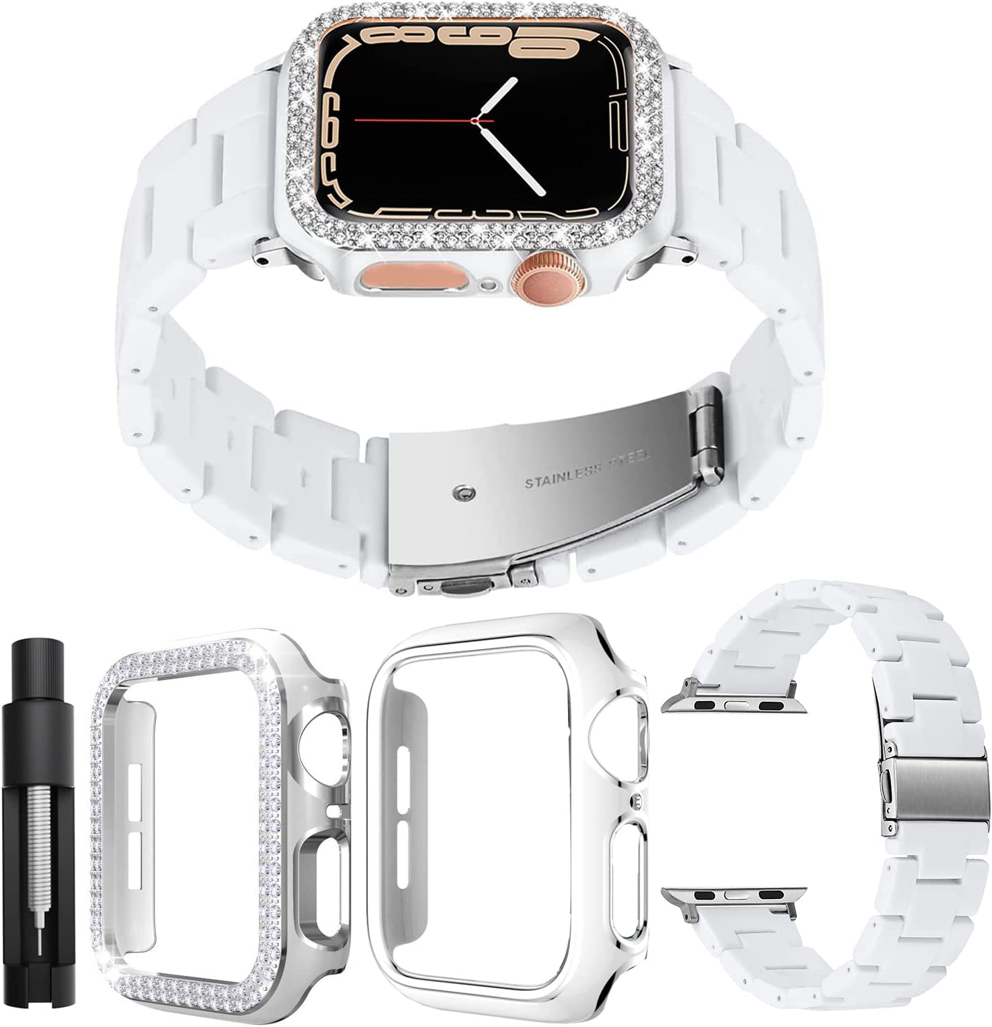 Apple Watch 8/7 用 バンド ウォッチバンド 樹脂バンド 2個の保護ケース付き ダイヤモンド Apple watchケース 長さ調整ツール付き Apple
