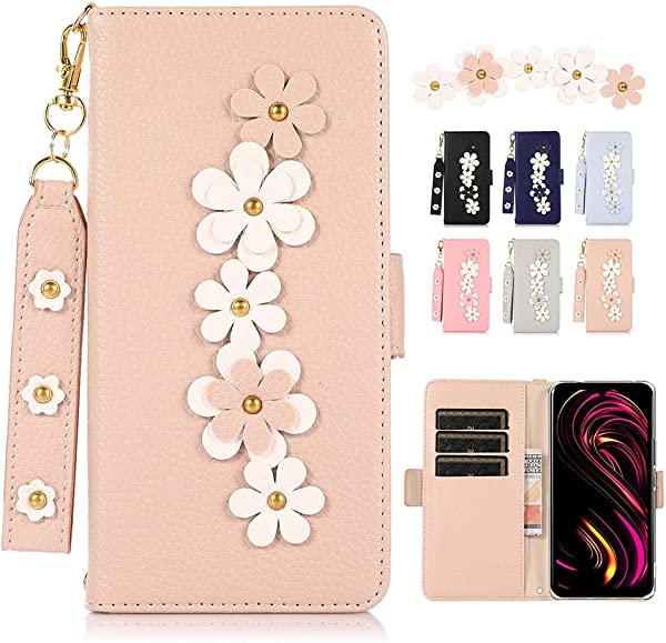 Rakuten Big s ケース 手帳型 ストラップ 手帳型カバー スマホケース 手帳型ケース レザー製 花 6.4インチ おしゃれ 耐衝撃 透明 TPU カバー スタンド カードホルダー 2つスト