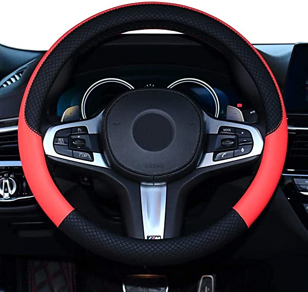 ハンドルカバー 車用 軽自動車 ステアリングカバー 本革 汎用 おしゃれ 通気性がよい 滑り防止 オールシーズン対応 普通車 ハンドル 保護カバー カスタム 内装パーツ アクセサリー 車用品 (レッド