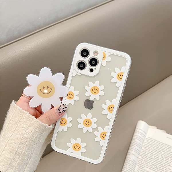 i Phone 11 クリア ケース オシャレ 可愛い 綺麗 白い デイジー 花 絵柄 花 デザイン スタンド 付き 超薄 軽量 透明 一体型 ソフト TPU シリコーン ケース カバー カメラ レン