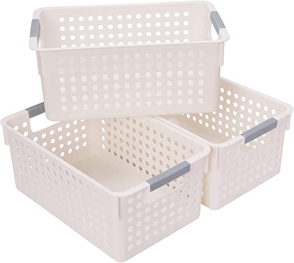３個 収納バスケット 収納ボックス プラスチック ( 収納ケース 小物収納 化粧品 キッチン 調味料 )ホワイト軽くて丈夫！金属部品が無いからサビない、安心できます。汚れたら水洗いができるので、衛生的