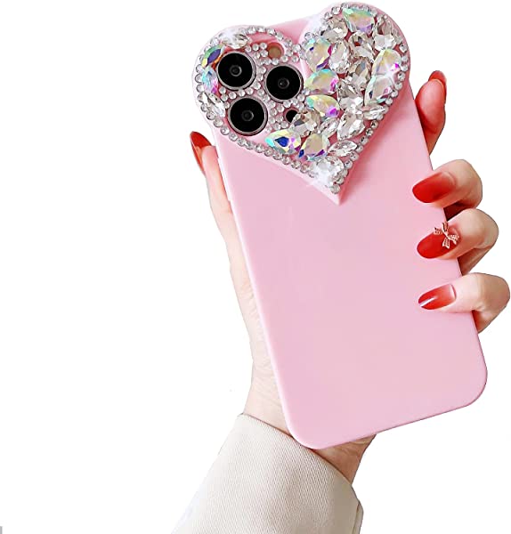 i Phone 13 Pro Max ケース おしゃれ かわいい ハート デザイン キラキラ ラインストーン 付き カメラ レンズ 保護 女性 人気 ソフト シリコーン ケース カバー (for i 