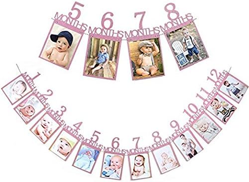 ベビー 12ヶ月 フォトフレーム 1歳 写真立て フォトバナー 1歳誕生日 飾り付け 紙製 吊り式 壁掛け 写真フレーム 赤ちゃん ベビー誕生日パーティー デコレーション 記念 DIY用 (ピンク)仕