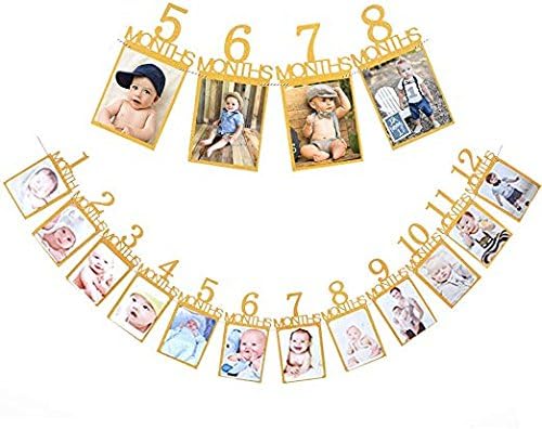 ベビー 12ヶ月 フォトフレーム 1歳 写真立て フォトバナー 1歳誕生日 飾り付け 紙製 吊り式 壁掛け 写真フレーム 赤ちゃん ベビー誕生日パーティー デコレーション 記念 DIY用 (ゴールド)
