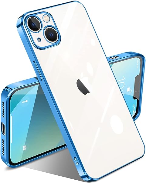 i Phone13 ケース クリア 透明 耐衝撃 アイフォン13 カバー メッキ加工 ワイヤレス充電 薄型 柔らかい 軽量 TPU 変色防止 ファッション ソフトケース 人気 保護カバー(ブルー)【こ